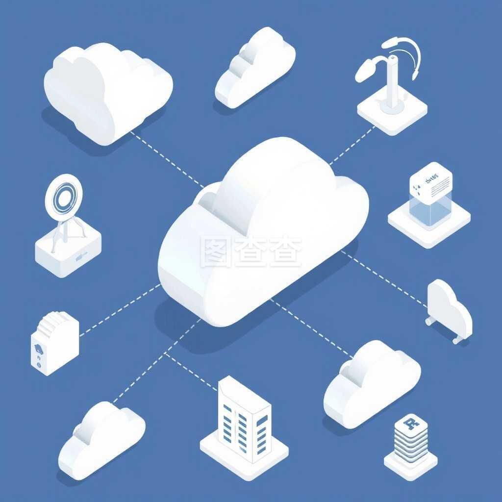 虛線矢量圖連接的云計算基礎設施元素 大圖標的云服務等距組合解析